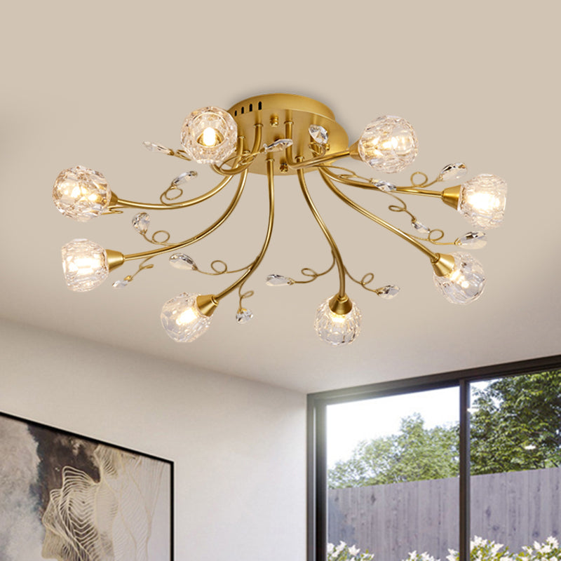 Gold Spherical Ceiling Light Simple Style 8 Bulbs Crystal Prisms Semi Mount Lighting with Scroll Arm
