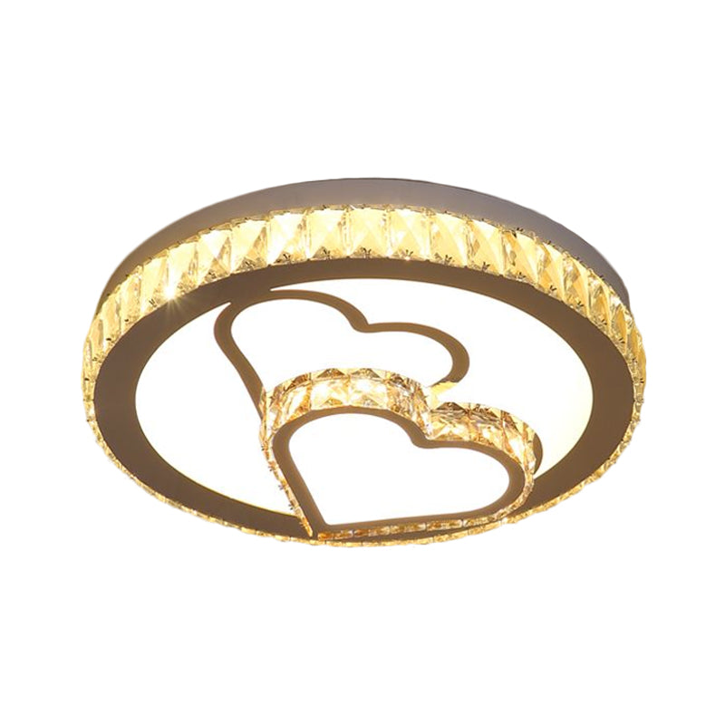 Chrome LED Heart and Round Flush Mount Simplicity Crystal Block Close to Ceiling Lamp in Warm/White Light