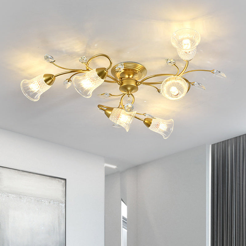Helder kristal wijd uitlopende plafond spoel minimalistisch 6-head zwart/gouden semi-flush mount licht met gebogen arm
