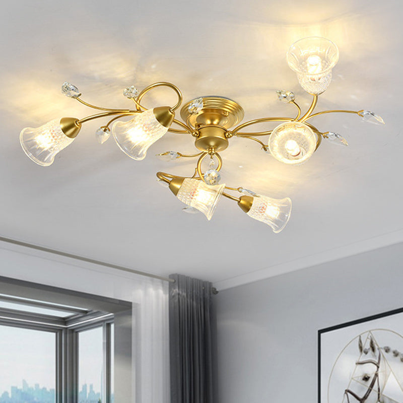 Helder kristal wijd uitlopende plafond spoel minimalistisch 6-head zwart/gouden semi-flush mount licht met gebogen arm