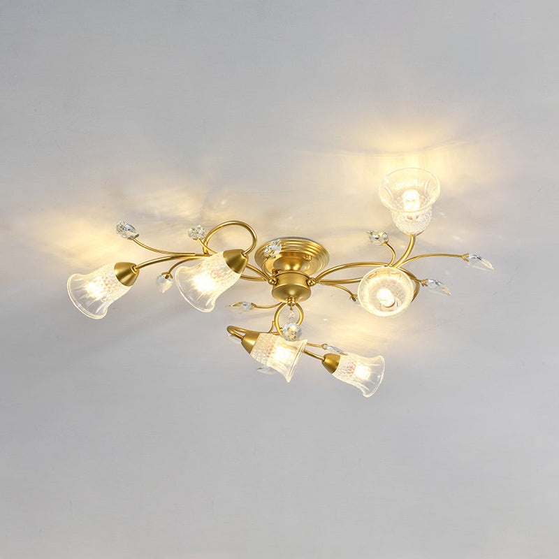 Helder kristal wijd uitlopende plafond spoel minimalistisch 6-head zwart/gouden semi-flush mount licht met gebogen arm