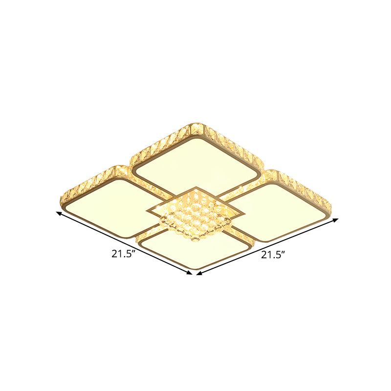 Simple LED Flush Mount Fixture Chrome Square Ceiling Lighting with Crystal Block Shade in Warm/White Light