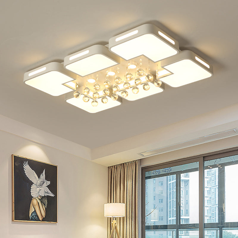LED Living Room Flush Mount Lamp Modern Chrome Ceiling Flush with Rectangle Crystal Orbs Shade in White Light