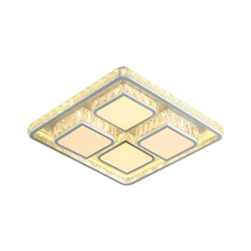 Faceted Crystal Square Ceiling Lighting Contemporary LED White Flush Mount Fixture in Warm/White Light
