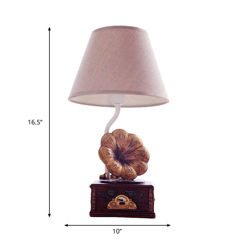 Table conique moderne tissu léger 1 lampe de lecture de salle d'étude légère avec base de phonographe en marron