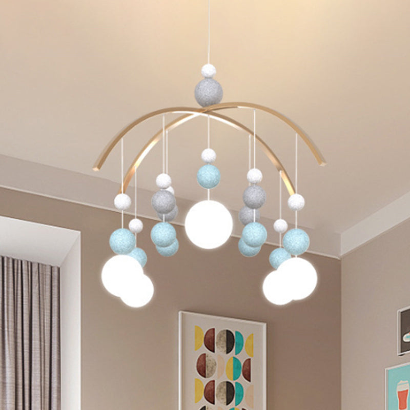 Globe Chandelier Light Cartoon White Glass 5-Bulb Pink/Blue Hanging Pendant with Small Ball Decor