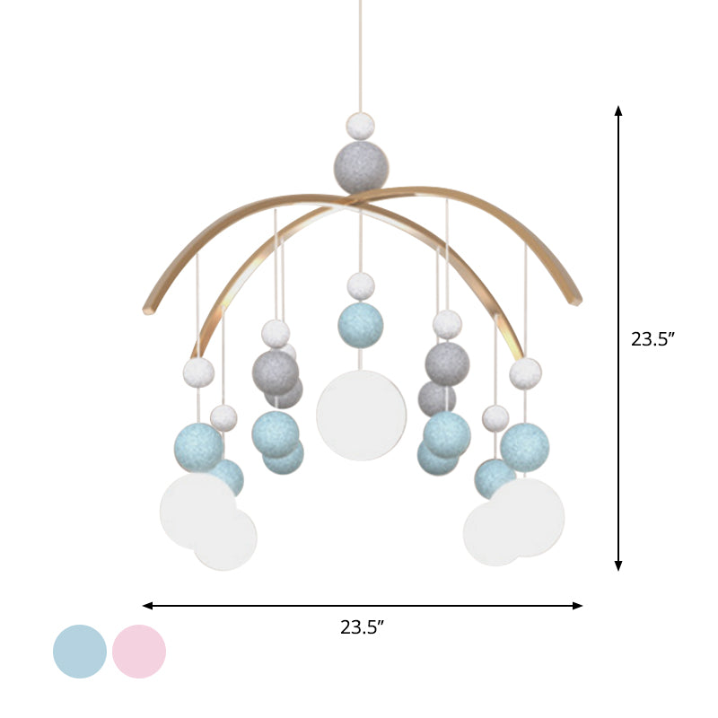 Globe Chandelier Light Cartoon White Glass 5-Bulb Pink/Blue Hanging Pendant with Small Ball Decor
