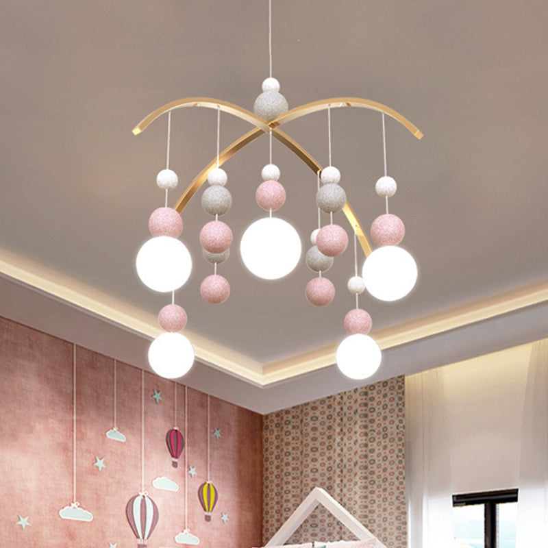 Globe Chandelier Light Cartoon White Glass 5-Bulb Pink/Blue Hanging Pendant with Small Ball Decor