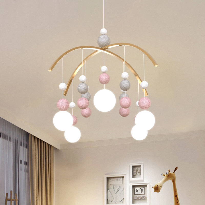 Globe Chandelier Light Cartoon White Glass 5-Bulb Pink/Blue Hanging Pendant with Small Ball Decor