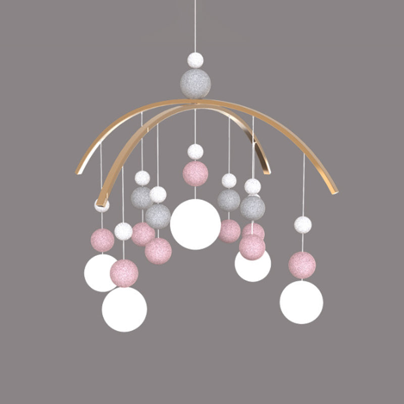 Globe Chandelier Light Cartoon White Glass 5-Bulb Pink/Blue Hanging Pendant with Small Ball Decor
