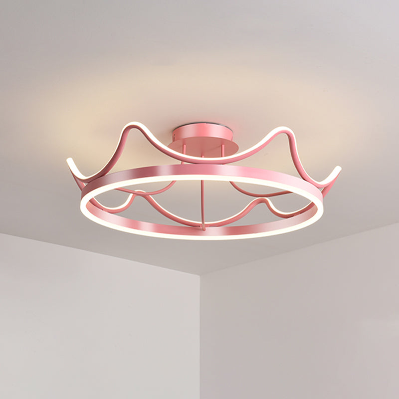 Metal Crown Flush Mount Light Kids LED Close to Ceiling Lamp with Round Canopy in Pink/Gold