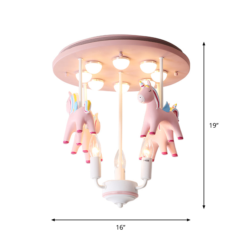 Rainbow Unicorn Resin Semi Flush Kids 3 Bulbs Pink Flush Ceiling Light with Candle Design