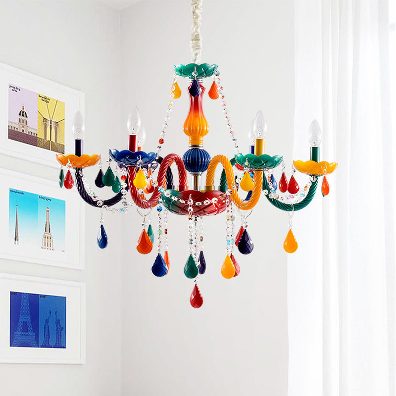 Clear Crystal Candle Pendant Chandelier Kids 6 Bulbs Red and Yellow Hanging Lamp with Adjustable Chain