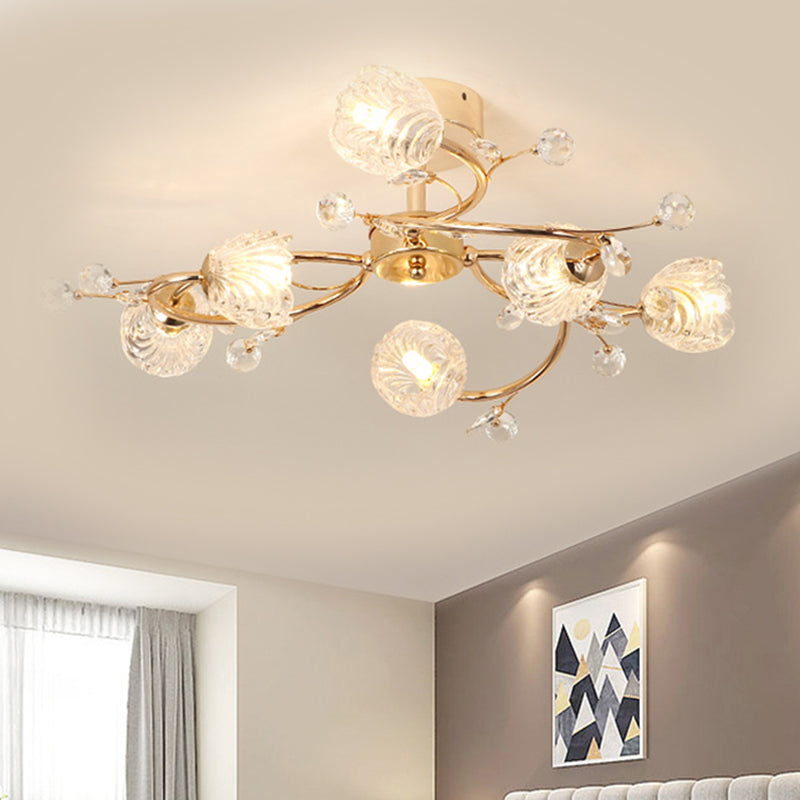 6-Head Bedroom Semi Flush Light Fixture Minimalism Gold Ceiling Lighting with Bloom Clear Crystal Shade