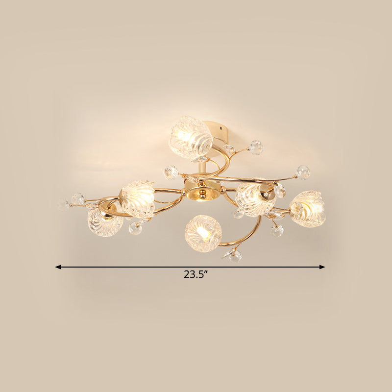 6-Head Bedroom Semi Flush Light Fixture Minimalism Gold Ceiling Lighting with Bloom Clear Crystal Shade