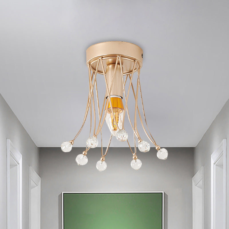 Brass Crown Semi Flush Mount Minimalist 1/3-Light Metal Ceiling Lighting with Crystal Orbs Design