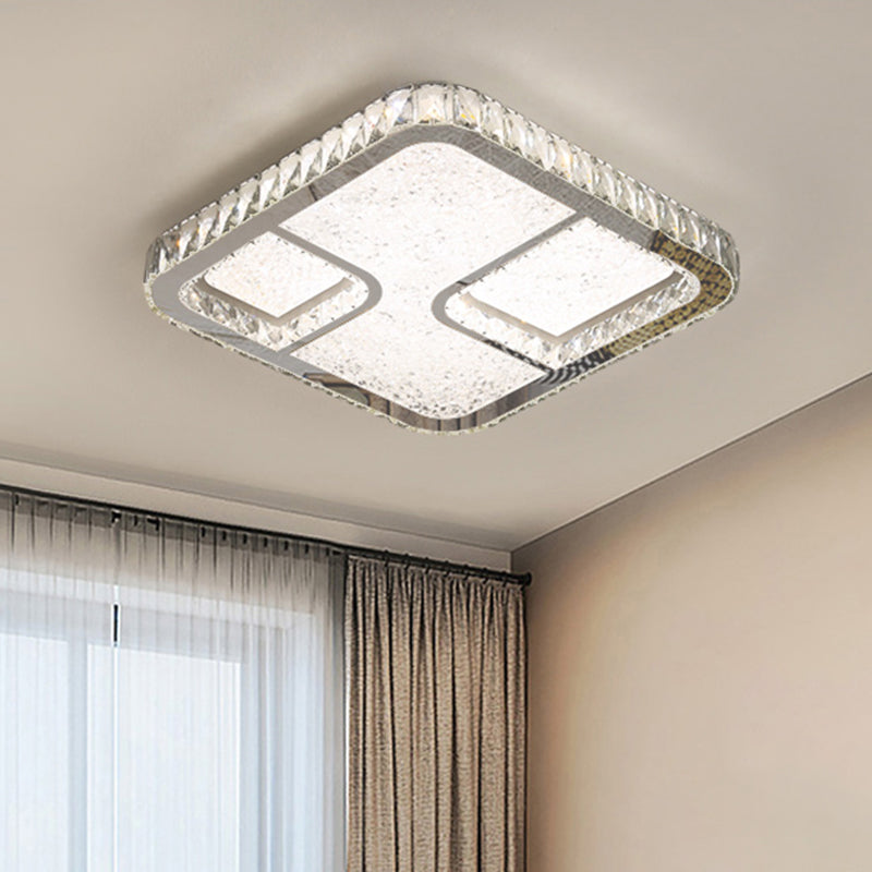 LED Parlor Flushmount Lighting Modernist Chrome Ceiling Fixture with Square Faceted Crystal Shade in Warm/White Light