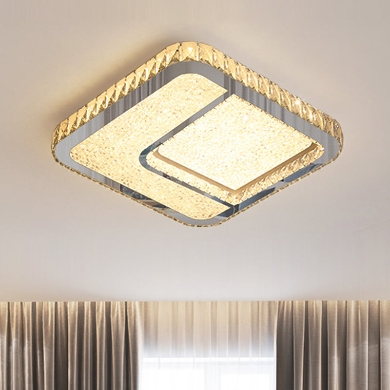LED Parlor Flushmount Lighting Modernist Chrome Ceiling Fixture with Square Faceted Crystal Shade in Warm/White Light