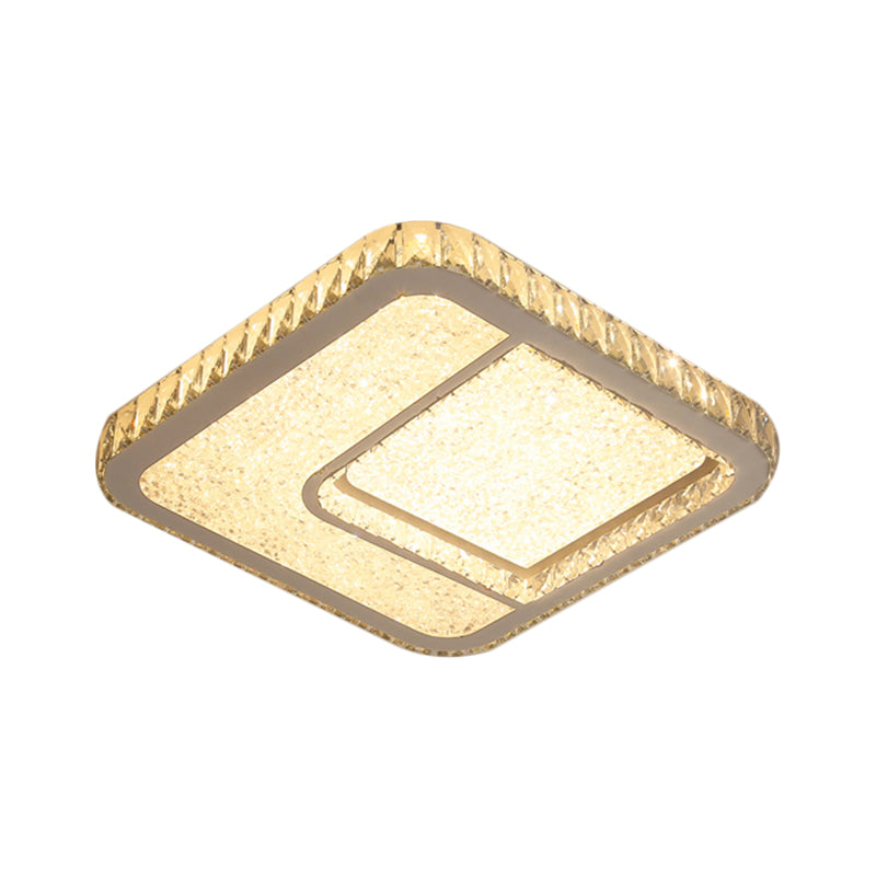 LED Parlor Flushmount Lighting Modernist Chrome Ceiling Fixture with Square Faceted Crystal Shade in Warm/White Light