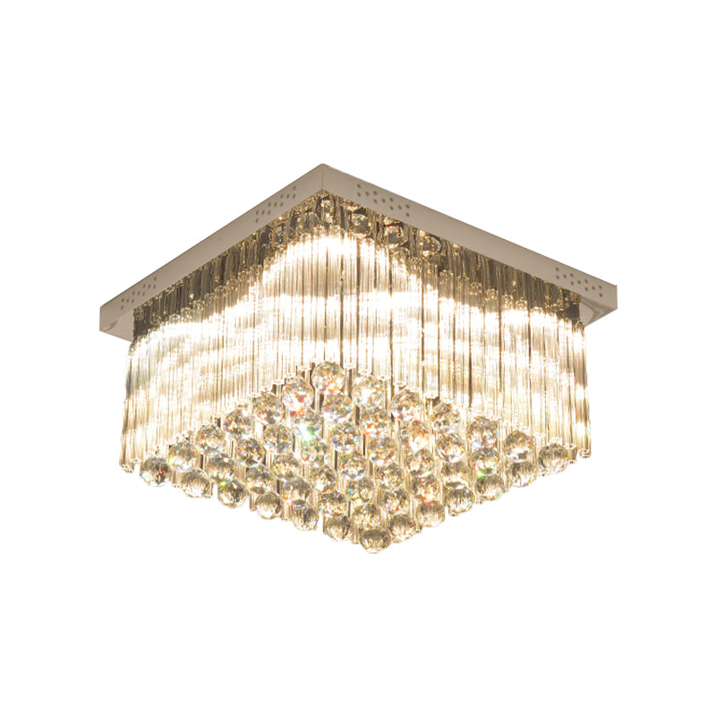 Square LED Close to Ceiling Lamp Simplicity Crystal Rod and Ball Great Room Flush Lamp in Chrome, Warm/White Light