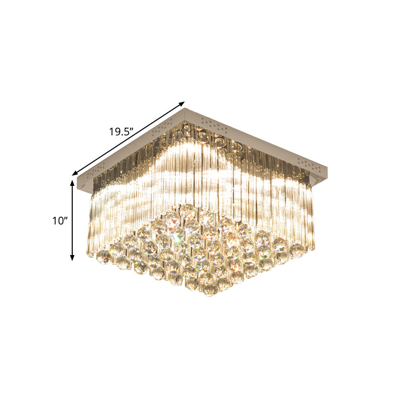 Square LED Close to Ceiling Lamp Simplicity Crystal Rod and Ball Great Room Flush Lamp in Chrome, Warm/White Light