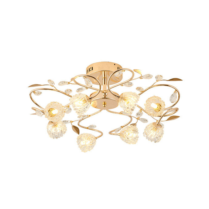 PRISMATIC Crystal Floral Soffio Light Contemporary 8 Bulbs Semi Flush With Metal Leaf Design in oro