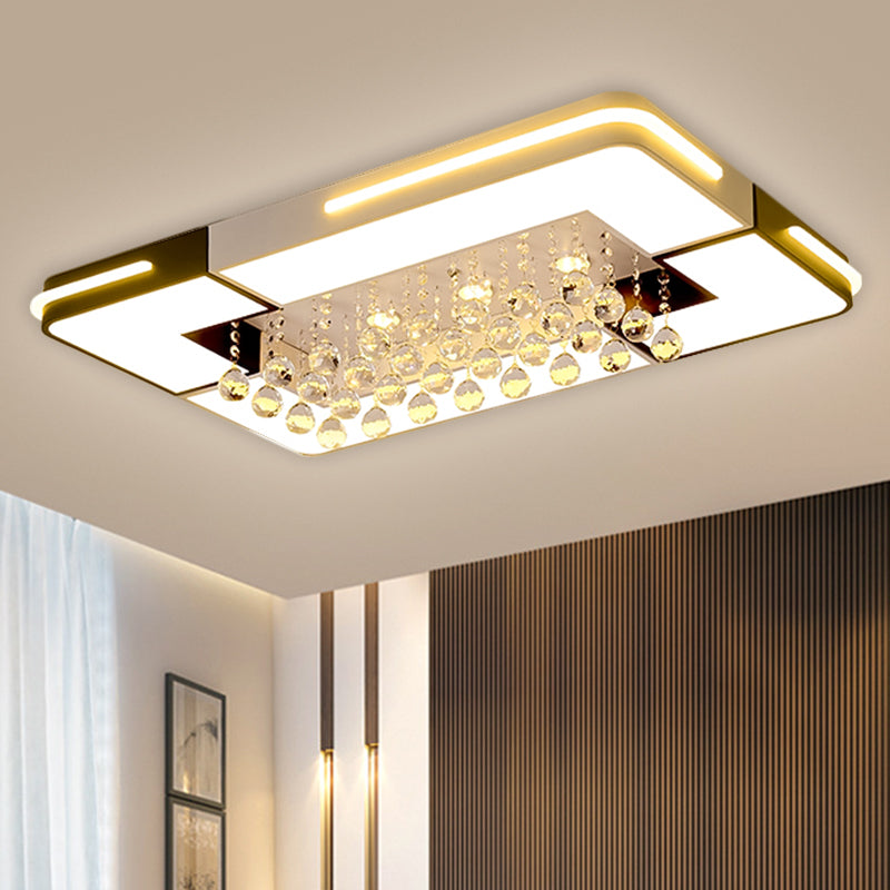 Rectangle LED Ceiling Flush Mount Modern Acrylic Black and White Flushmount with Crystal Ball Deco in White Light