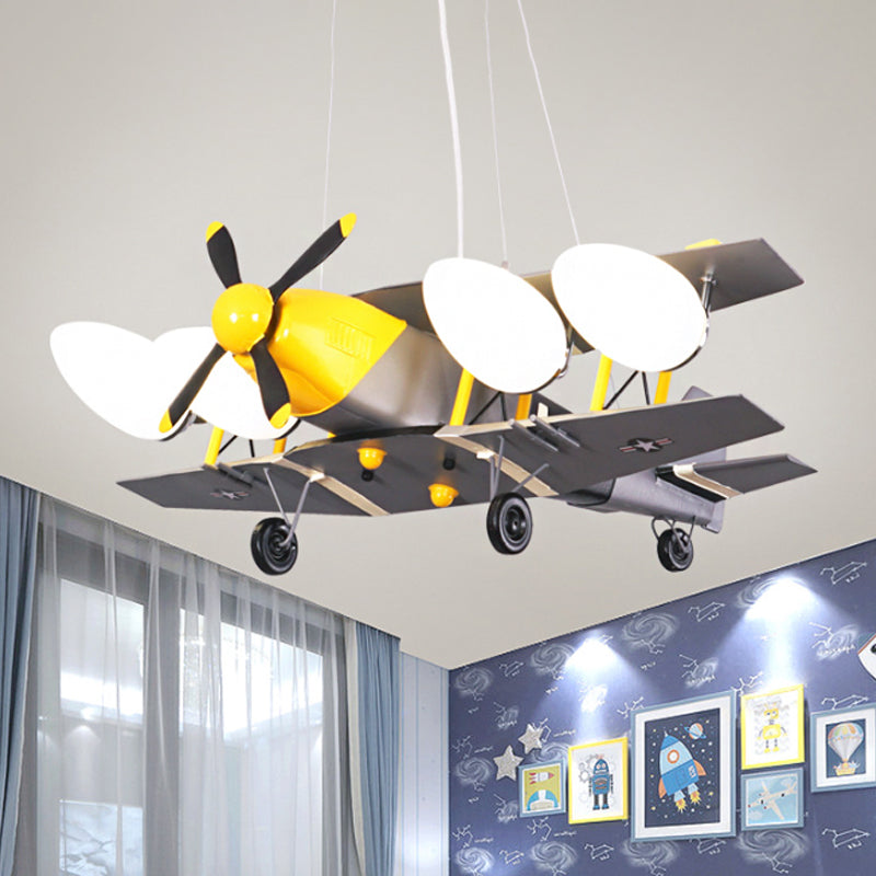Airplane Boys Room Hanging Light Metal 4-Head Kids Chandelier Lamp with Milk Glass Shade in Black-Yellow