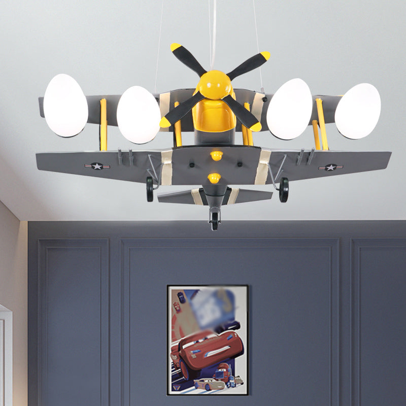 Airplane Boys Room Hanging Light Metal 4-Head Kids Chandelier Lamp with Milk Glass Shade in Black-Yellow