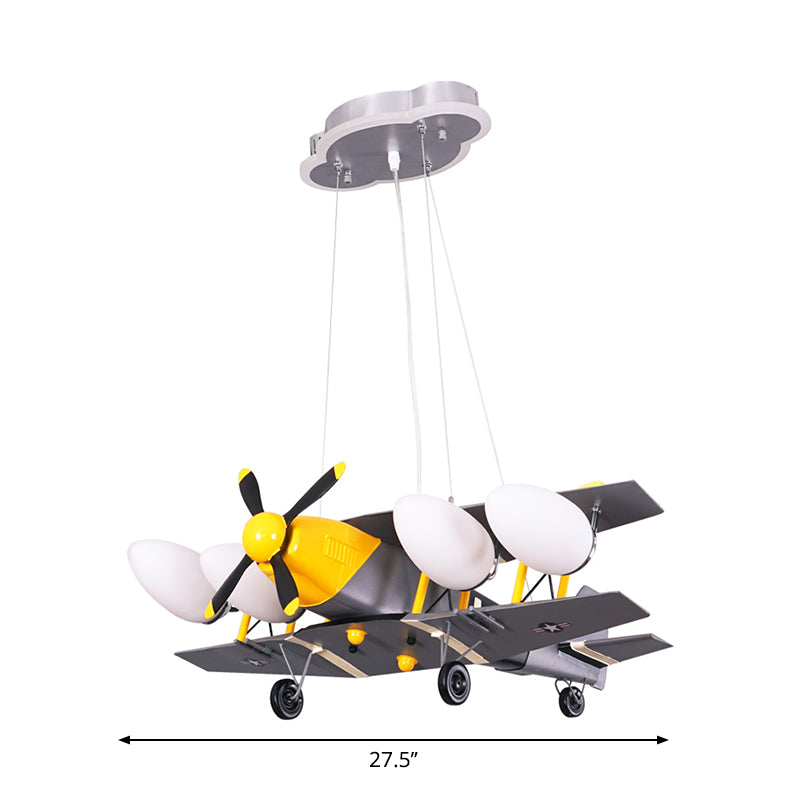 Airplane Boys Room Hanging Light Metal 4-Head Kids Chandelier Lamp with Milk Glass Shade in Black-Yellow