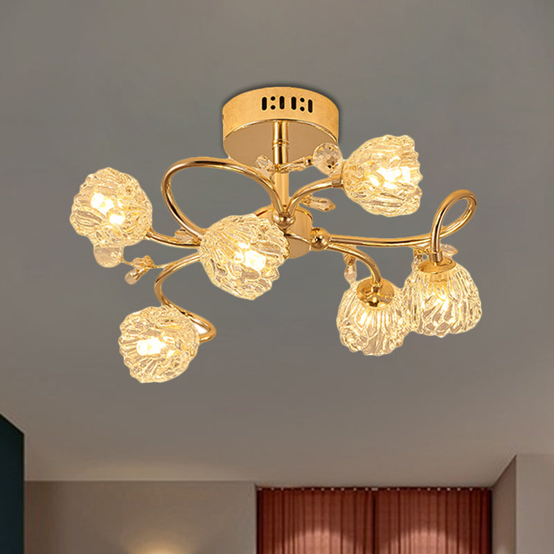 Contemporary 6 Heads Ceiling Lighting Gold Flower Semi-Flush Mount with Cut Crystal Shade