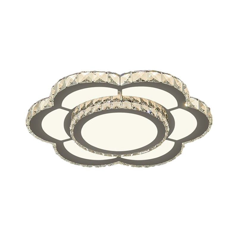 Chrome LED Flower Ceiling Flush Mount Simple Faceted Crystal Flushmount Lighting in Warm/White Light, 18"/23.5" Wide