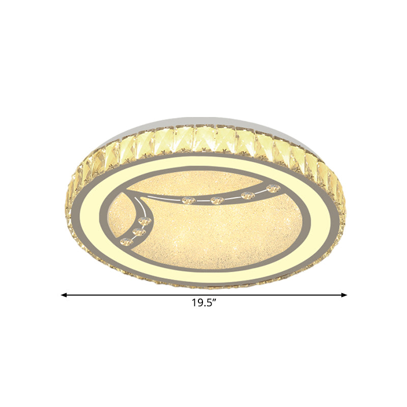 Minimalist Drum Ceiling Lamp Acrylic LED Bedroom Flush Mount Fixture with Crystal Bead Deco in Chrome, Warm/White Light