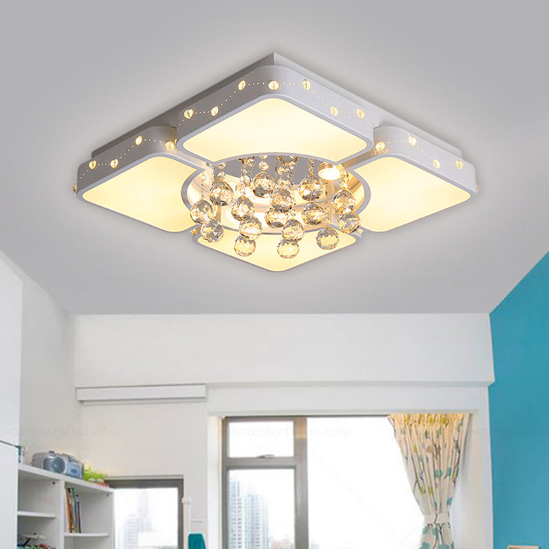 Square Close to Ceiling Lighting Modernist Metal LED Bedroom Flush Mount Light with Crystal Droplet in White, 19.5"/23.5" W