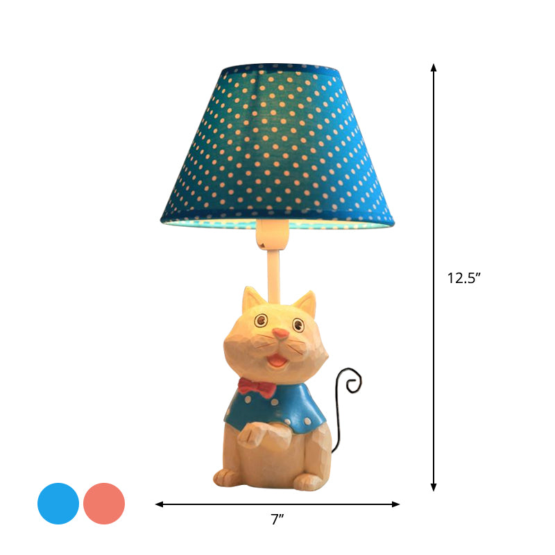 Pink/Blue Cone Reading Book Light Cartoon 1 Bulb Fabric Table Lamp with Spot Design and Cat Base
