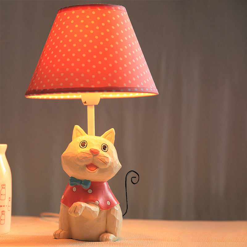 Pink/Blue Cone Reading Book Light Cartoon 1 Bulb Fabric Table Lamp with Spot Design and Cat Base