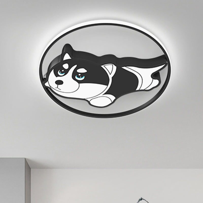 Metallic Dog Flush Ceiling Light Cartoon LED Flush Mount Lighting in Black for Bedroom