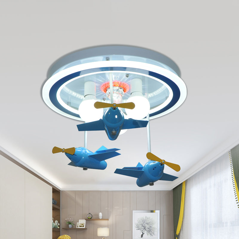 Blue Airplane Lighting Fixture with Bare Bulb Design Cartoon LED Metal Close to Ceiling Light