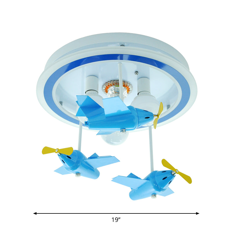 Blue Airplane Lighting Fixture with Bare Bulb Design Cartoon LED Metal Close to Ceiling Light
