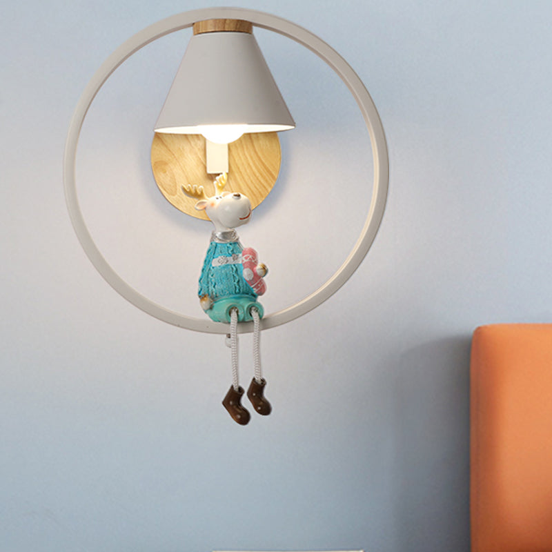 Deer/Angel Girl Wall Light Cartoon Metal 1 lichtroze/blauwe wandverlichting met conische stofschaduw en ring
