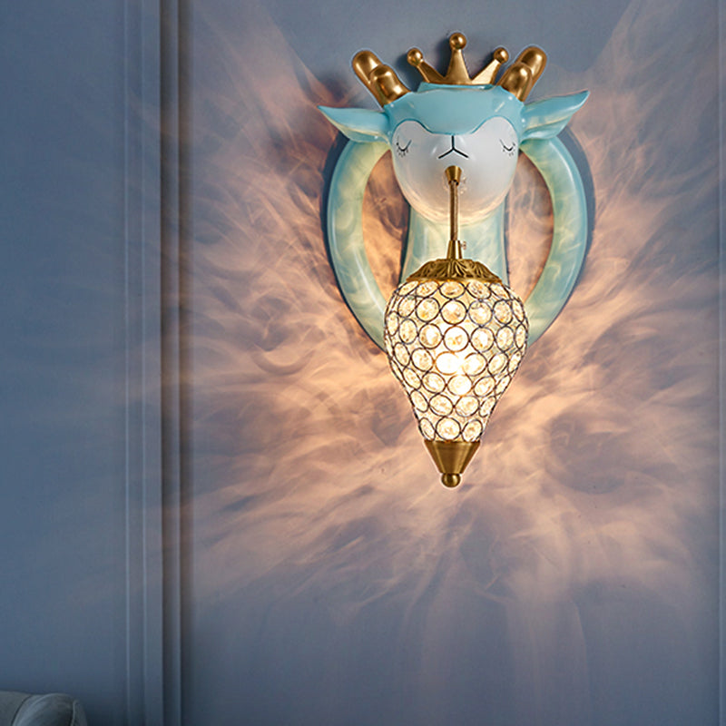 Traande slaapkamer muur gemonteerd licht metaal 1 bol kinderen wand sconce verlichting met herten achterplaat in roze/blauw