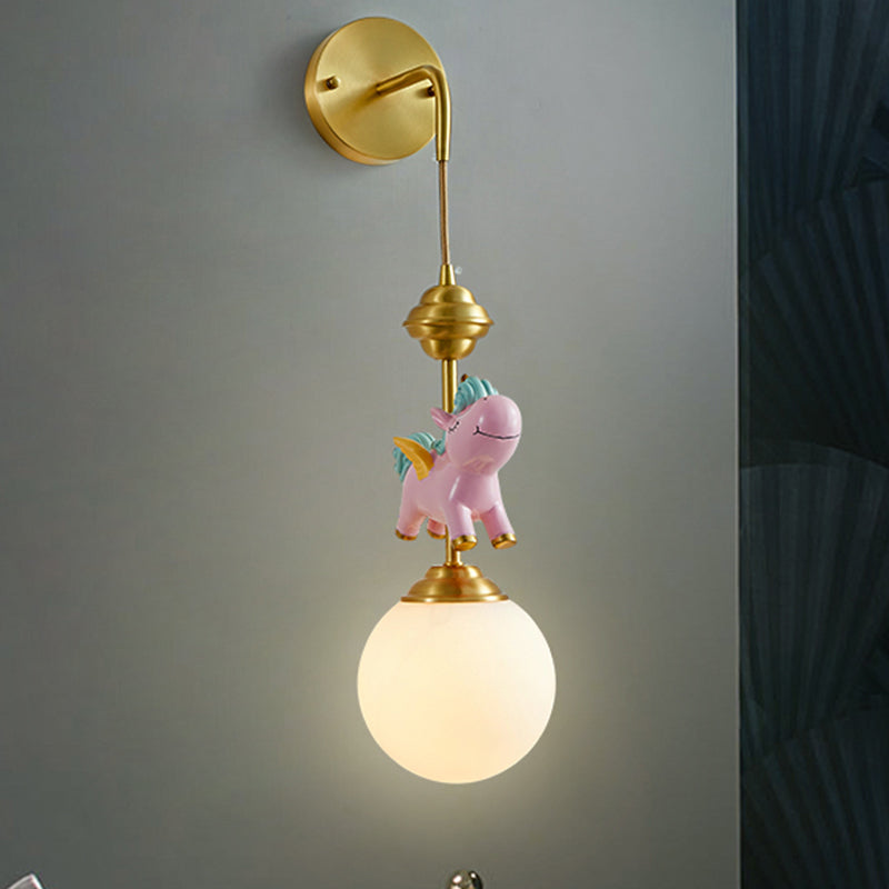 Kids Globe Wall Mount White Glass Single Head Bedroom Wall Mounted Lamp in Brass with Pink/Blue Unicorn Decor