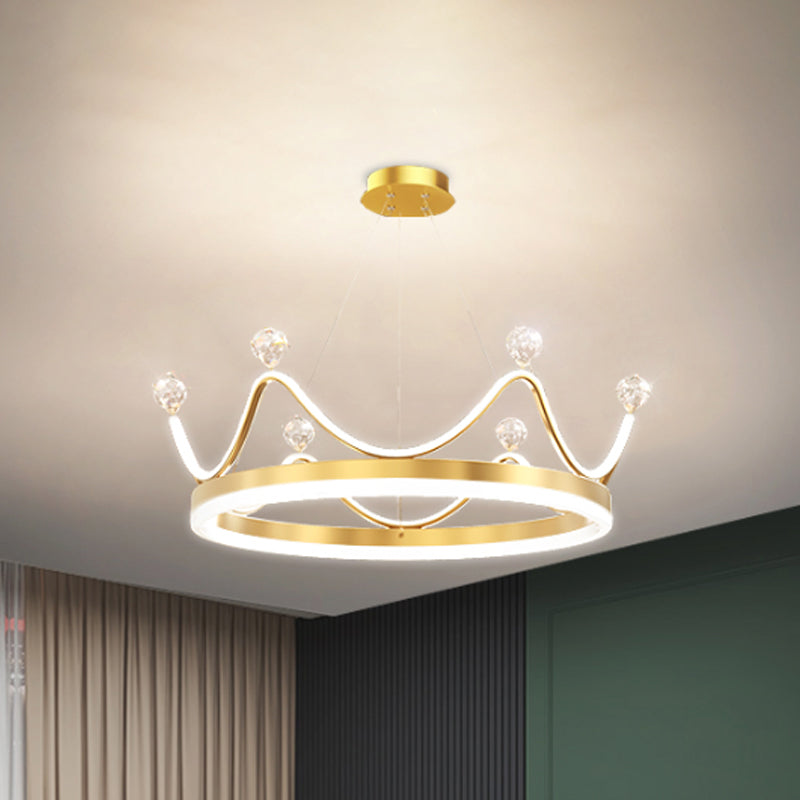 Metallic Crown Hanging Pendant Nordic Style LED Chandelier Lighting with Clear Crystal Bead Decor in Pink/Gold