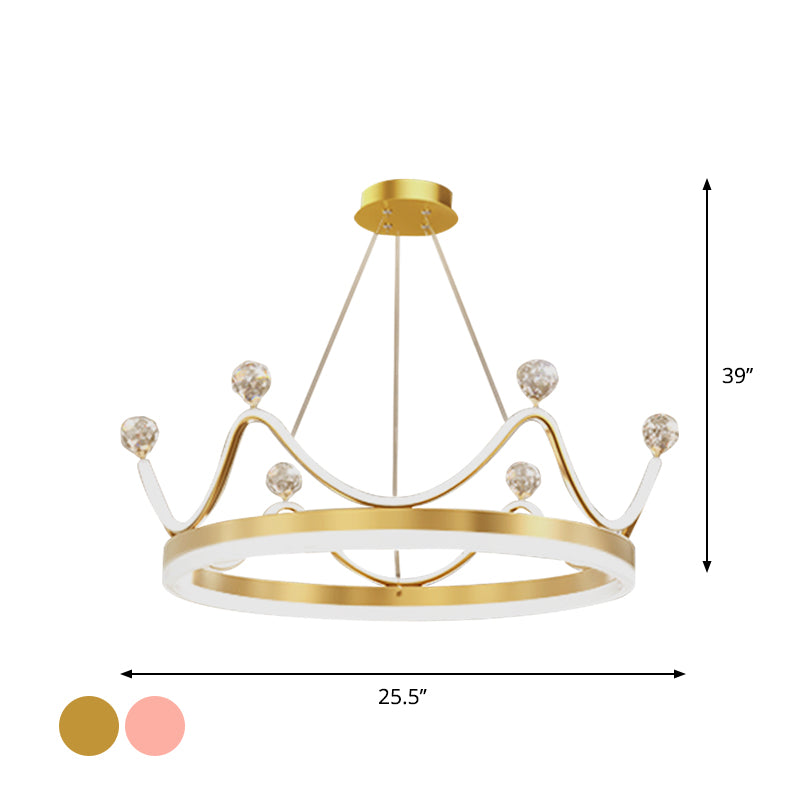 Metallic Crown Hanging Pendant Nordic Style LED Chandelier Lighting with Clear Crystal Bead Decor in Pink/Gold