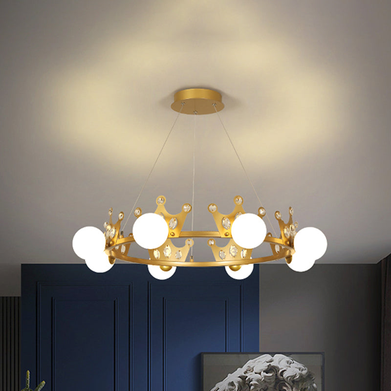 Metal Crown Chandelier Lamp Kids 5/8 Lights Hanging Light with Ball Frosted Glass Shade in Gold