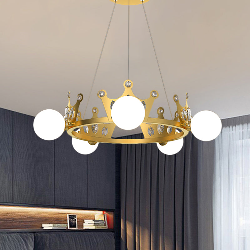 Metal Crown Chandelier Lamp Kids 5/8 Lights Hanging Light with Ball Frosted Glass Shade in Gold