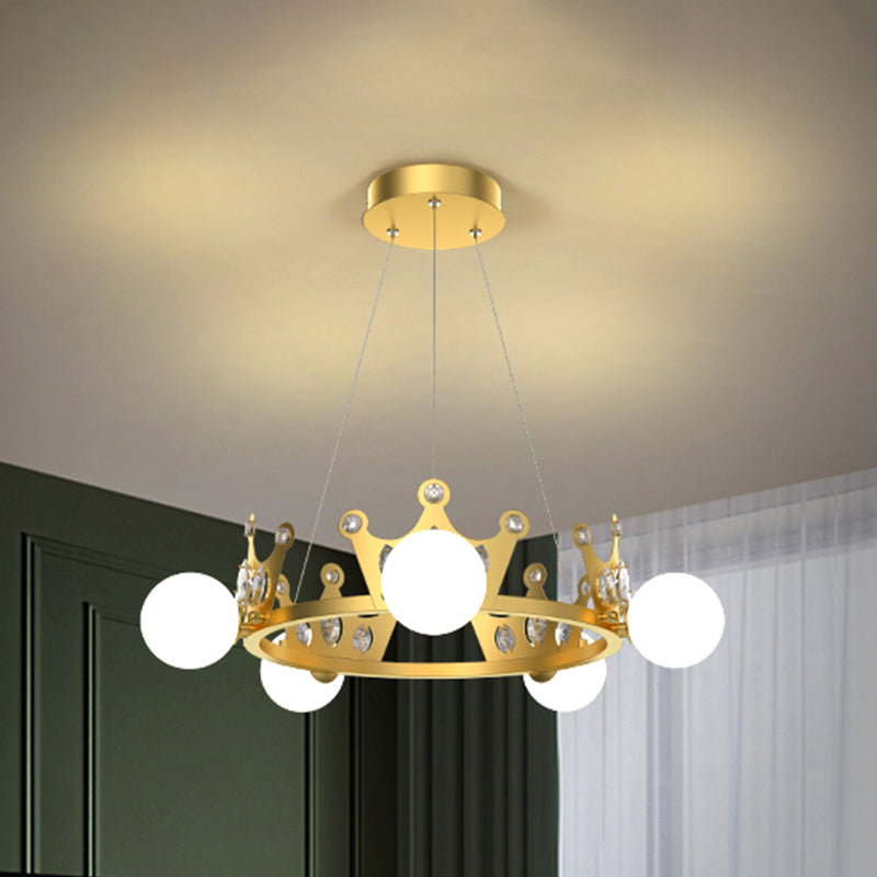 Metal Crown Chandelier Lamp Kids 5/8 Lights Hanging Light with Ball Frosted Glass Shade in Gold