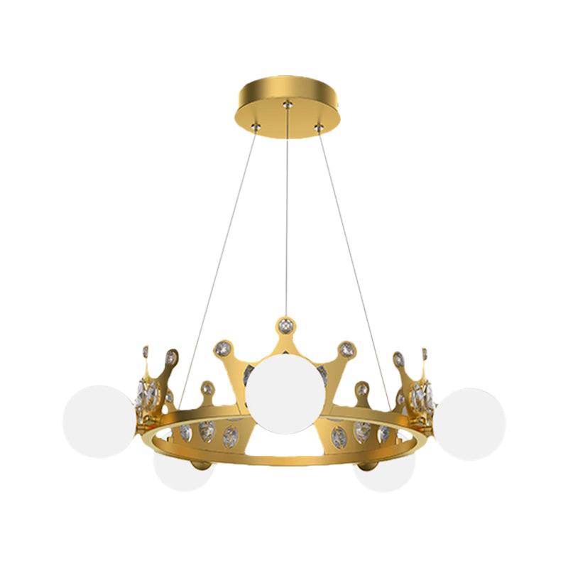 Metal Crown Chandelier Lamp Kids 5/8 Lights Hanging Light with Ball Frosted Glass Shade in Gold