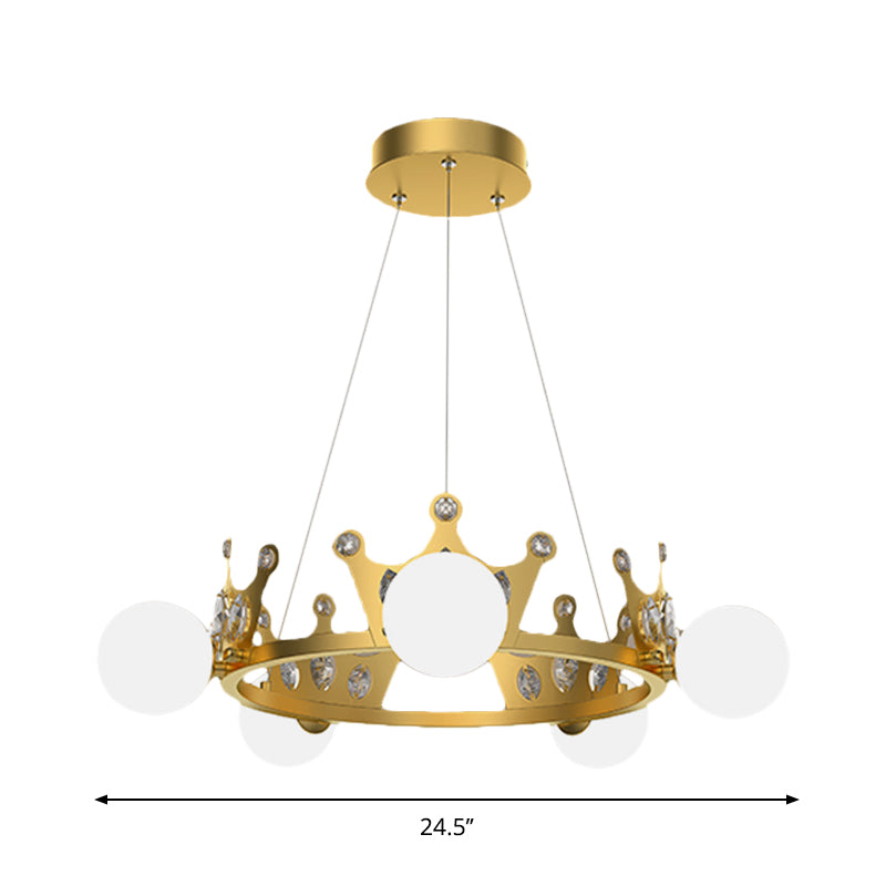 Metal Crown Chandelier Lamp Kids 5/8 Lights Hanging Light with Ball Frosted Glass Shade in Gold