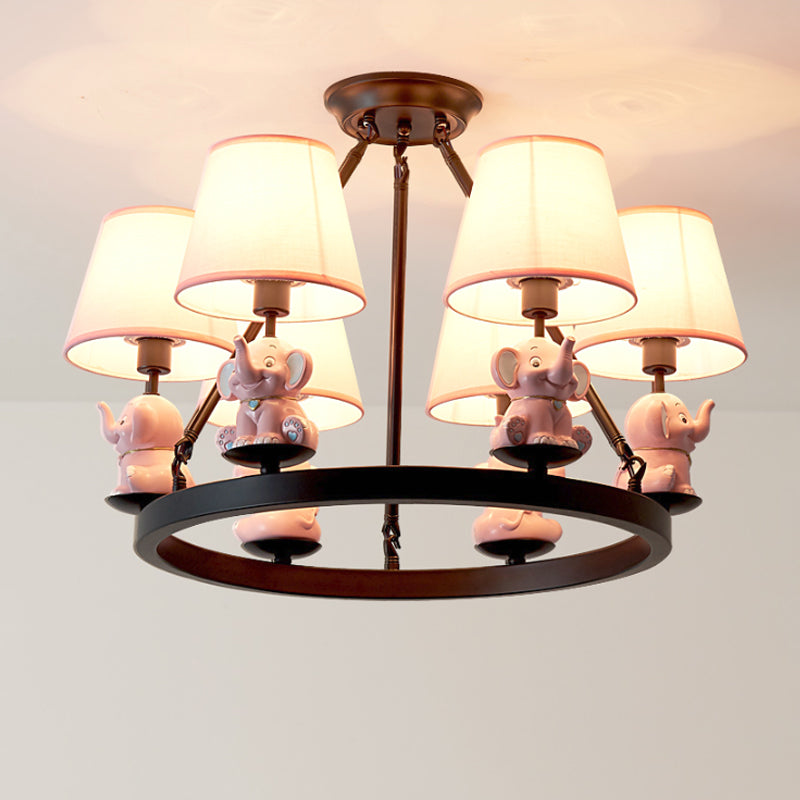 Black Ring Chandelier Lamp Cartoon 6-Head Metal Pendant Ceiling Light with Cone Fabric Shade and Pink/Blue Elephant Decor